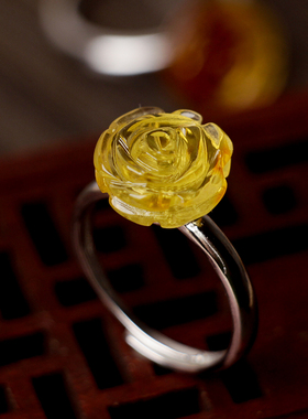 天然金琥珀招财上岸玫瑰金银戒指