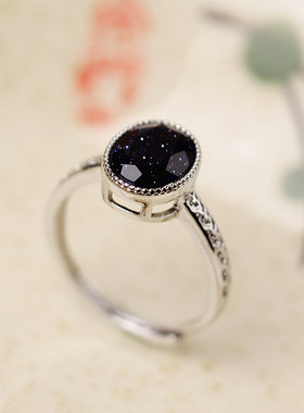 天然星空蓝砂石上岸成功石银戒指
