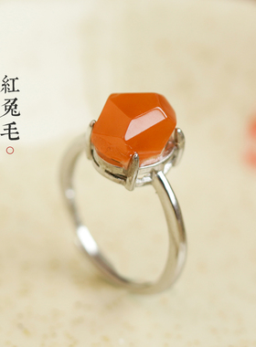 天然红兔毛水晶原矿石戒指