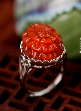 天然南红玛瑙雕刻格桑花银戒指