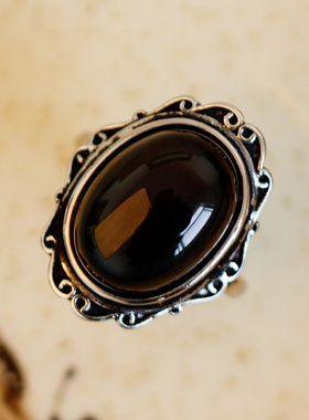 墨西哥黑曜石防小人复古银戒指