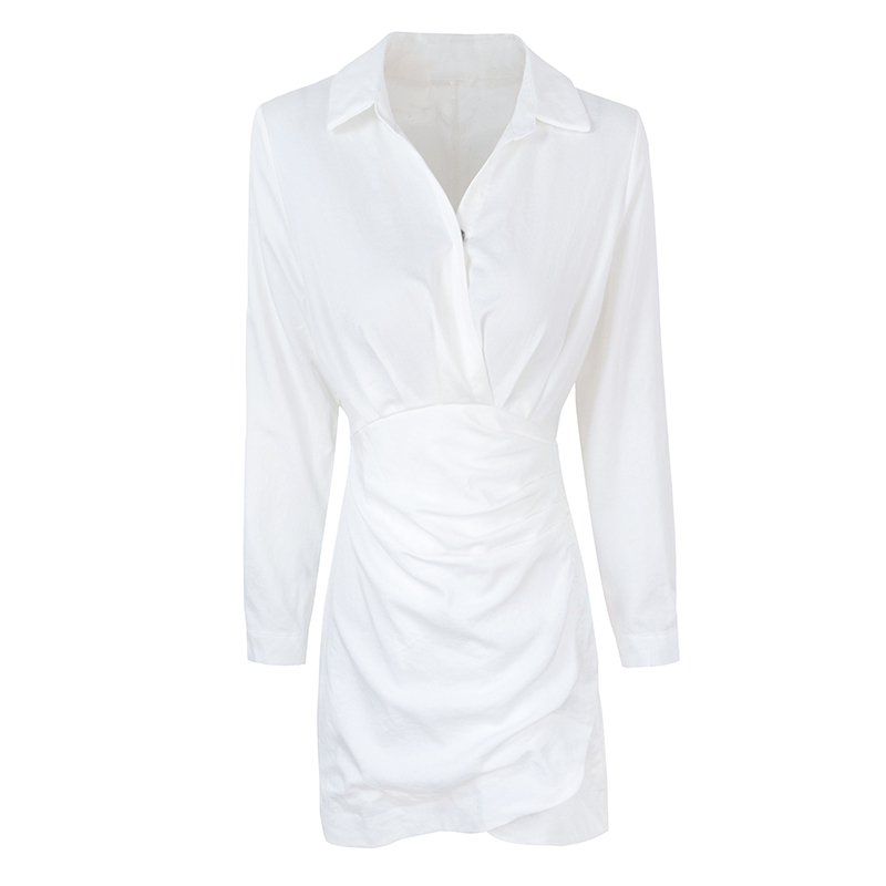 famous2022年秋季新款白色设计感不规则开叉长袖衬衫连衣裙女 - 图3