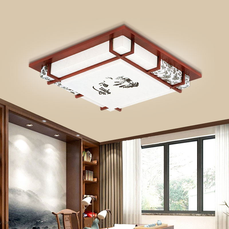 LED吸顶灯现代中式方形客厅灯木艺实木仿古羊皮房间灯卧室书房灯,淘宝优惠券,粉丝福利购,淘宝优惠卷