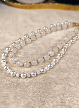 孤品白色7A白玛瑙施家珍珠双层叠戴项链甜美公主多层项链1104248