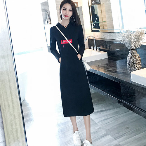 2025春秋装新款中长款卫衣裙女气质休闲宽松显瘦长袖连帽连衣裙 - 图0