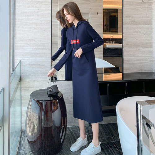 2025春秋装新款中长款卫衣裙女气质休闲宽松显瘦长袖连帽连衣裙 - 图1