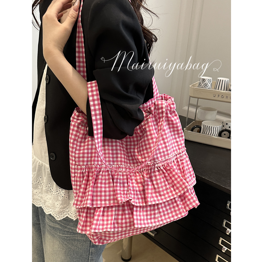 可爱学院风格子帆布包包女2025新款潮时尚韩国托特包大容量花边包,淘宝优惠券,粉丝福利购,淘宝优惠卷