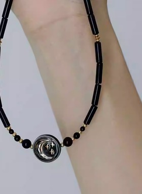 YIHE原创设计日月星黑色锁骨链