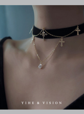 YIHE 原创设计精致性感锆石十字架长款黑色丝绒choker颈链