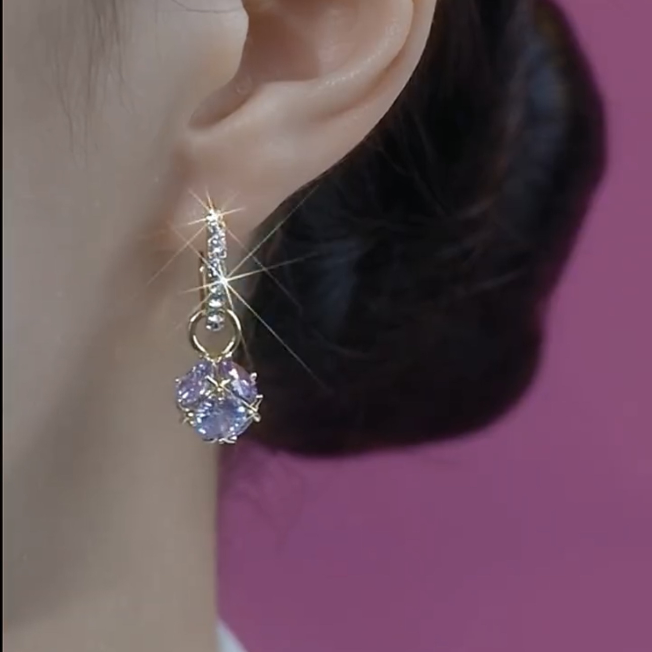 紫色锆石耳环一款两戴新款气质超闪水晶球耳钉小众设计感高级耳饰 - 图0