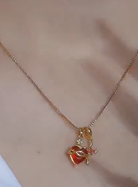 红色爱心锁和钥匙吊坠锁骨链简约气质小众设计感项链百搭时尚颈链
