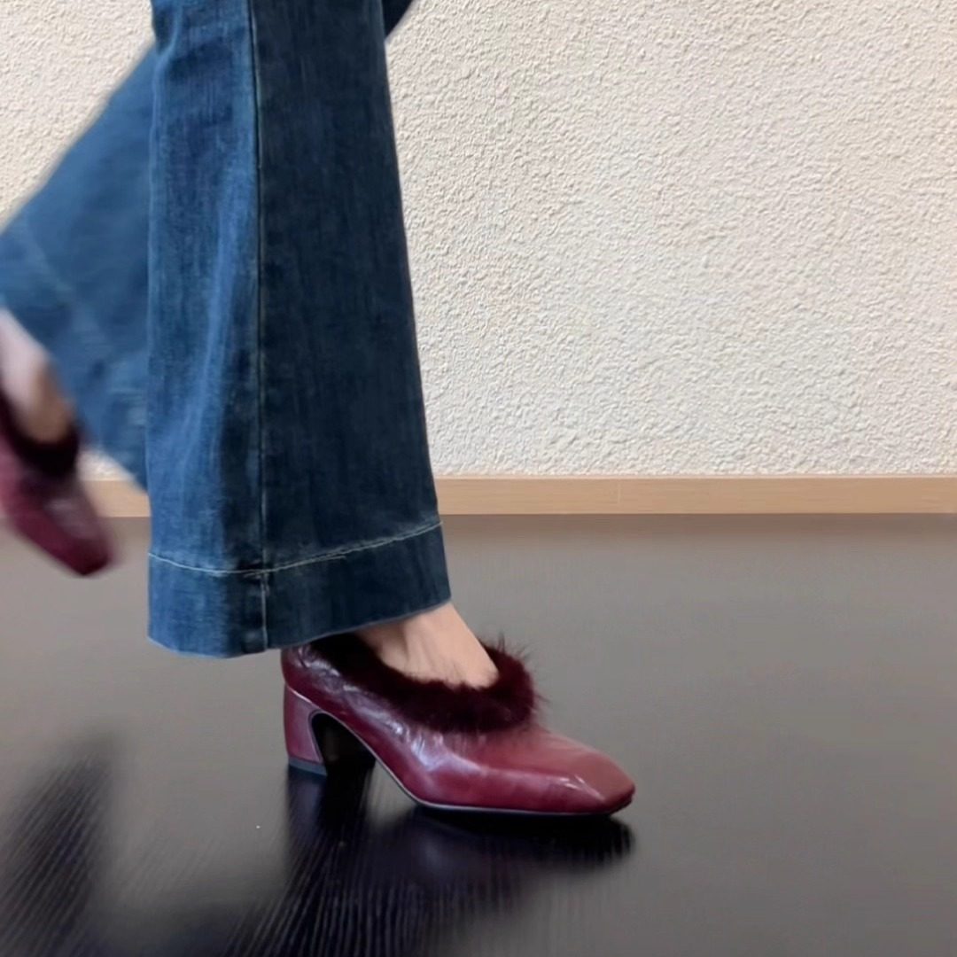 RubyL/5.2cm时尚百搭气质方头毛毛皮鞋复古羊皮加绒保暖粗跟单鞋,淘宝优惠券,粉丝福利购,淘宝优惠卷