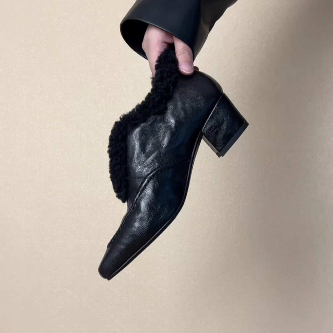 RubyL/4.5cm复古羊皮深口单鞋女加绒方头粗跟百搭通勤毛毛鞋时尚,淘宝优惠券,粉丝福利购,淘宝优惠卷