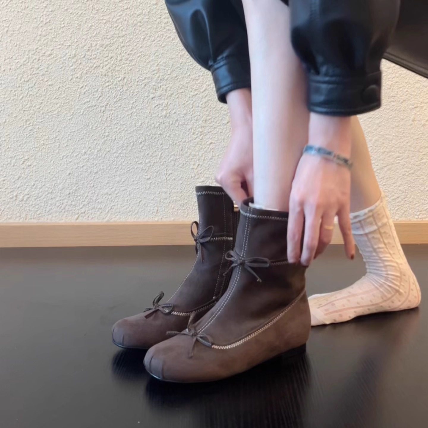 RubyL/3cm复古芭蕾风猪鼻子方头蝴蝶结显瘦内增高弹力瘦瘦靴短靴,淘宝优惠券,粉丝福利购,淘宝优惠卷