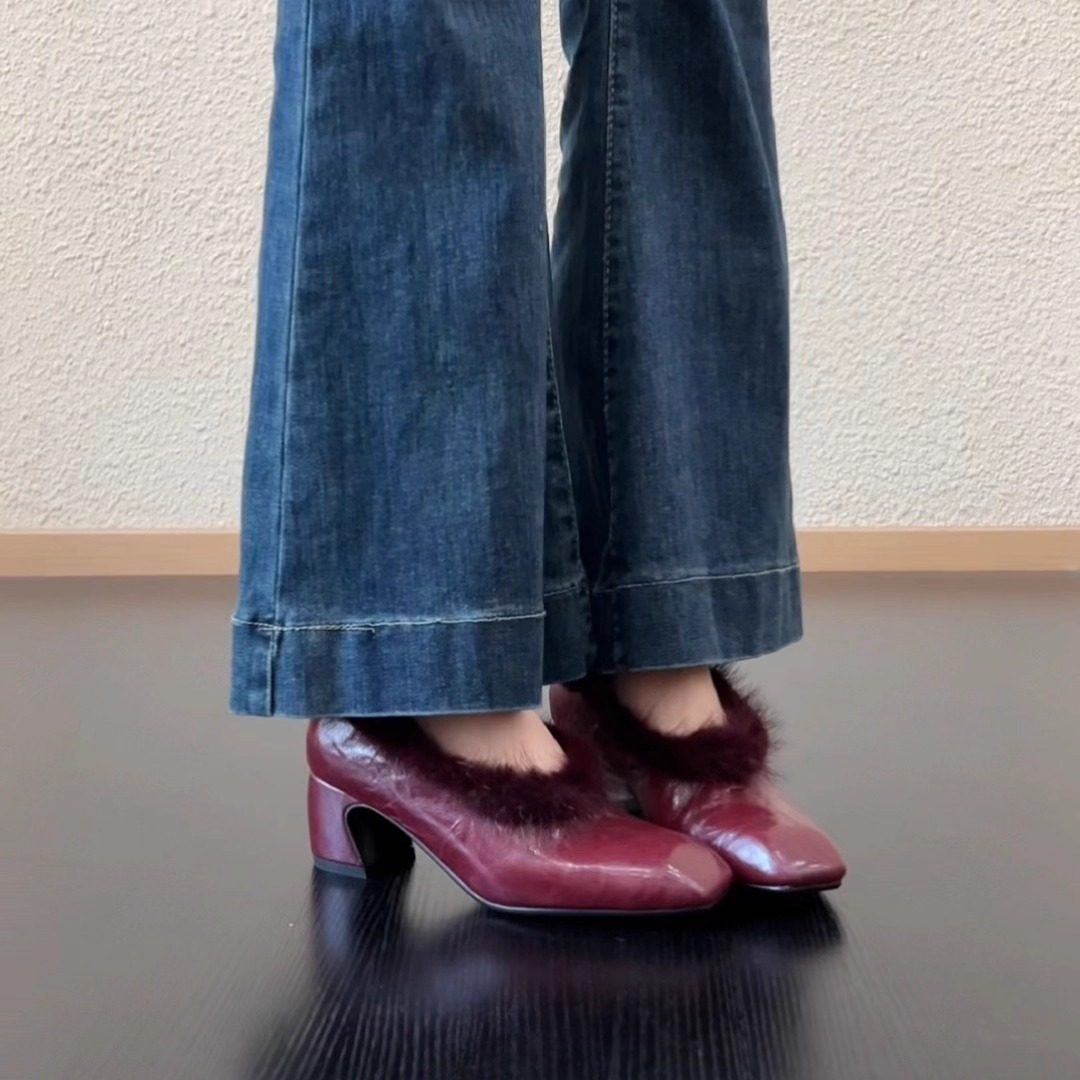 RubyL/5.2cm时尚百搭气质方头毛毛皮鞋复古羊皮加绒保暖粗跟单鞋,淘宝优惠券,粉丝福利购,淘宝优惠卷