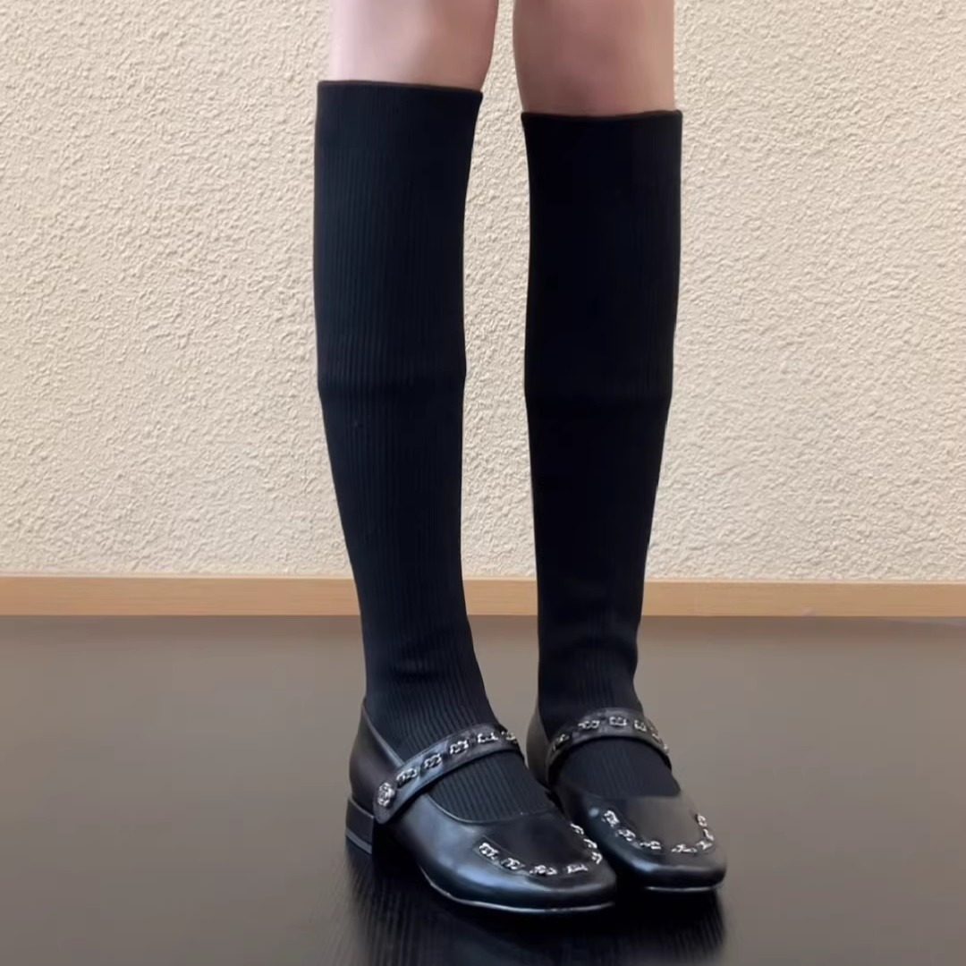 RubyL/3.5cm法式方头玛丽珍短靴女弹力袜靴金属链条装饰黑色牛皮,淘宝优惠券,粉丝福利购,淘宝优惠卷