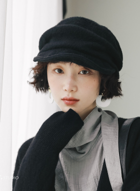 印计谷羽设计师自留款羊毛鸭舌帽女秋冬季百搭显脸小报童画家帽子