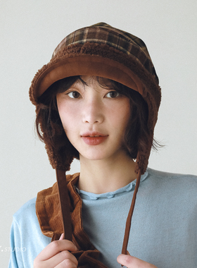 印计谷羽原创复古格纹护耳帽女秋冬季双面戴保暖雷锋帽飞行员帽子