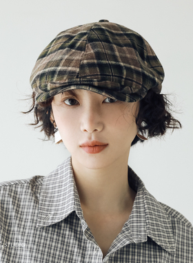 印计谷羽 原创设计磨毛格纹鸭舌帽女秋冬季百搭韩版文艺报童帽子