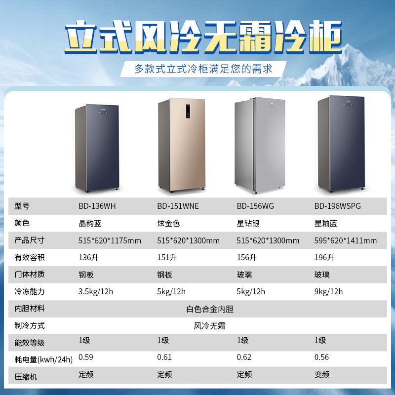 澳柯玛151升家用风冷一级冰箱 澳柯玛立式冷柜