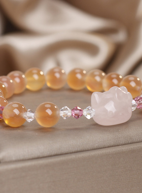 天然橙色糖心玛瑙粉晶猫咪手链