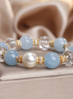 天然海蓝宝白水晶转运手链女款