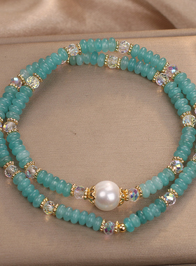 天然绿纹石算盘珠双圈手链女轻奢小众精致新中式气质珍珠叠戴手串