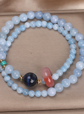 海蓝宝串珠手链女国风双圈叠戴