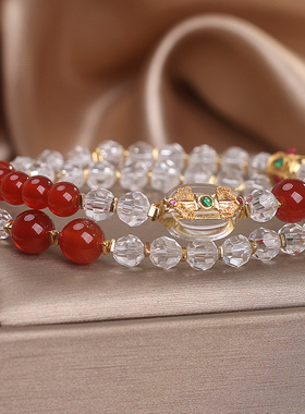 本命年红玛瑙白水晶手链女新中式