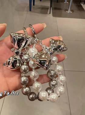 小众ins韩风银色系珍珠蝴蝶结手机链包挂件可爱百搭钥匙扣