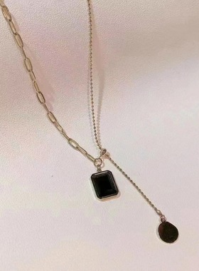 新款日韩简约黑色方糖抽拉项链钛钢不掉色时尚百搭气质颈链锁骨链