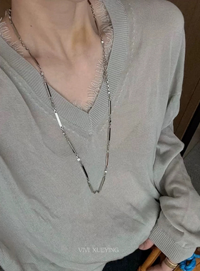 vivi同款简约高级感银色中长竹节毛衣链秋冬时尚新款网红百搭饰品