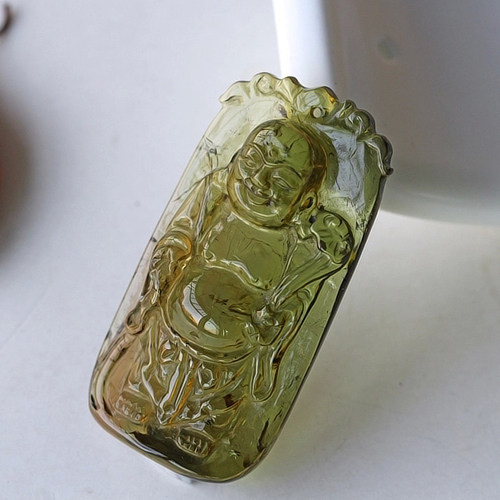 碧雅绿碧玺吊坠手工雕刻佛像吊坠弥勒佛像挂件一物一图证书16.6g - 图1