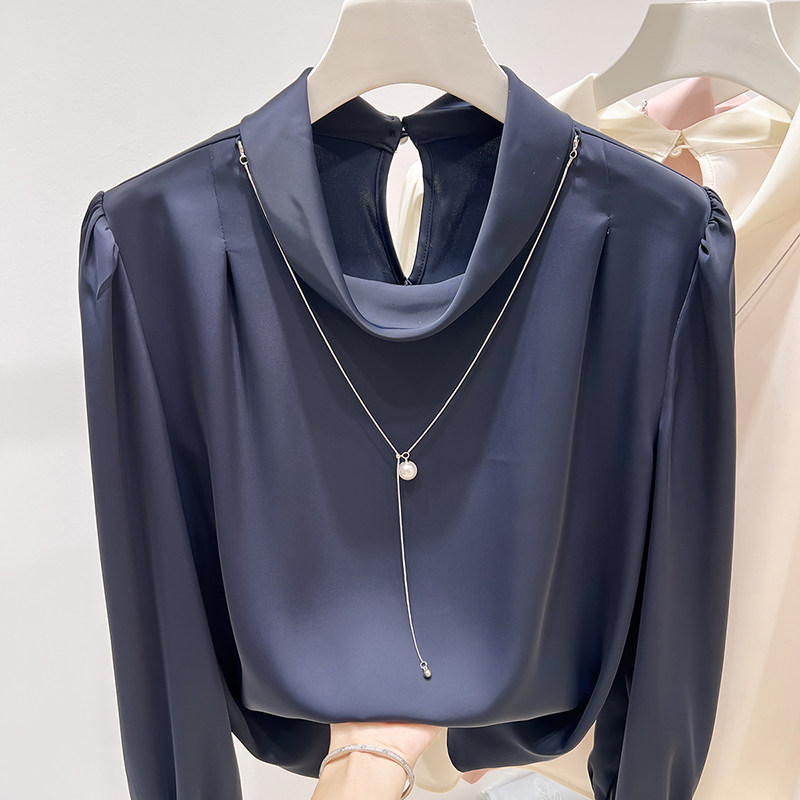 2025新款法式气质显瘦立领珍珠链条装饰纯色长袖雪纺衫女秋季衬衫