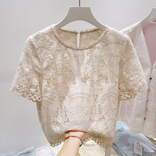 2025 neuer koreanischer Stil Slim Round Neck Hohlhöhle bestickte kurzärmelige Spitzenplatte für den Sommer-Dünnstil für Frauen