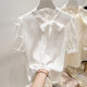 2025 ຮູບແບບໃໝ່ຂອງເກົາຫຼີ 2025 Slim Stand-up Collar Lace-up Sleeves Butterfly Decoration Short-Sleeved Chiffon Shirt for Women Summer