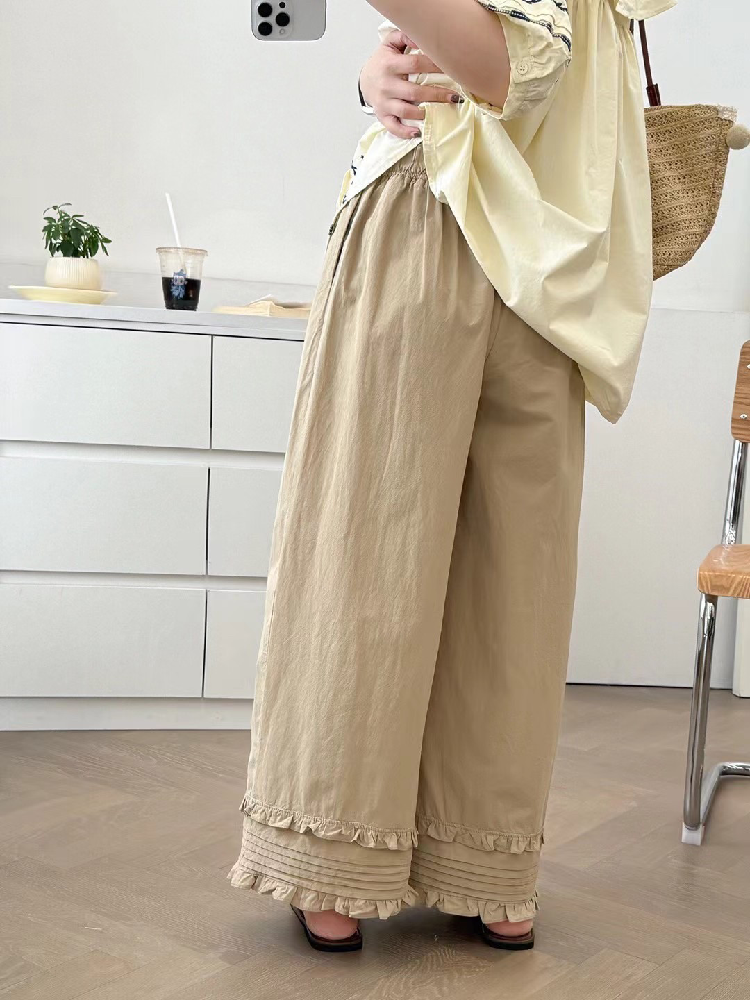 森系甜美木耳花边阔腿裤女日系复古松紧高腰褶皱百搭直筒裤,淘宝优惠券,粉丝福利购,淘宝优惠卷