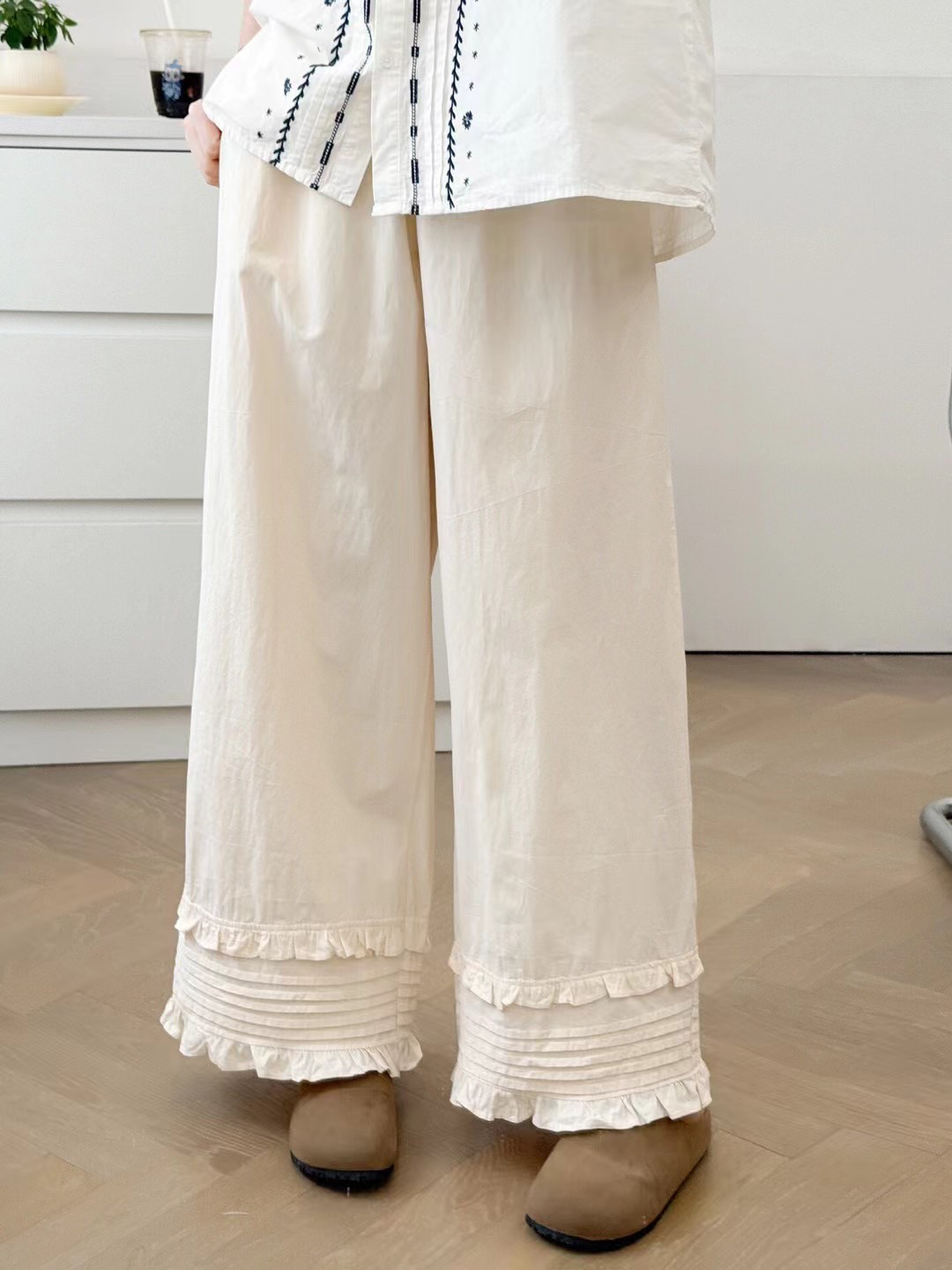 森系甜美木耳花边阔腿裤女日系复古松紧高腰褶皱百搭直筒裤,淘宝优惠券,粉丝福利购,淘宝优惠卷