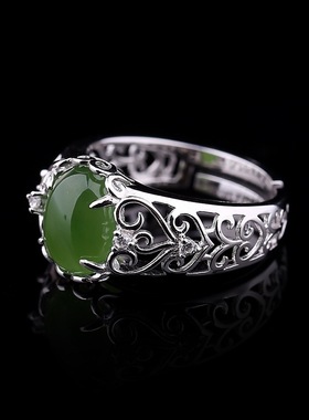 和田玉925银戒指女款饰品和田碧玉戒指环配饰BY088