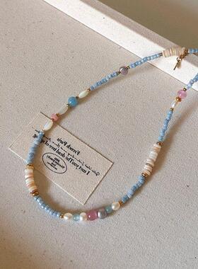 春夏清新粉蓝小众串珠项链气质