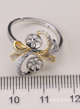 DIY配件 S925纯银开口双色双珠可调节珍珠戒指空托半成品手工制作