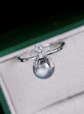 s925纯银戒指环 银饰蝴蝶结开口珍珠戒指托DIY手工制作银配件空托