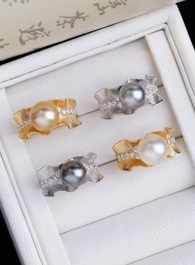 DIY手工配件S925纯银珍珠戒指空托轻奢裙摆指环戒托半成品银托