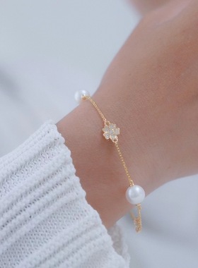 s925纯银多珠手链 diy手工饰品全孔珍珠手饰弹簧扣爱心尾链延长款