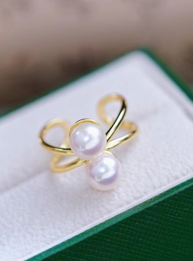 s925纯银戒指环 银饰开口双珠可调节珍珠戒指托DIY手工制作银配件