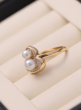 s925纯银戒指环 双珠葫芦可调节珍珠戒指托DIY手工制作银配件空托