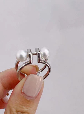 s925纯银戒指环 银饰双珠可调节珍珠戒指托 DIY手工制作银配件