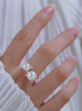 s925纯银戒指环 银饰双珠可调节珍珠戒指托 DIY手工制作银配件