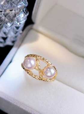 s925纯银戒指环 银饰双珠开口可调节珍珠戒指托DIY手工制作银配件