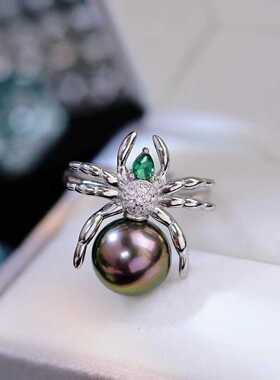 s925纯银戒指环 银饰黑蜘蛛可调节珍珠戒指托 DIY手工制作银配件